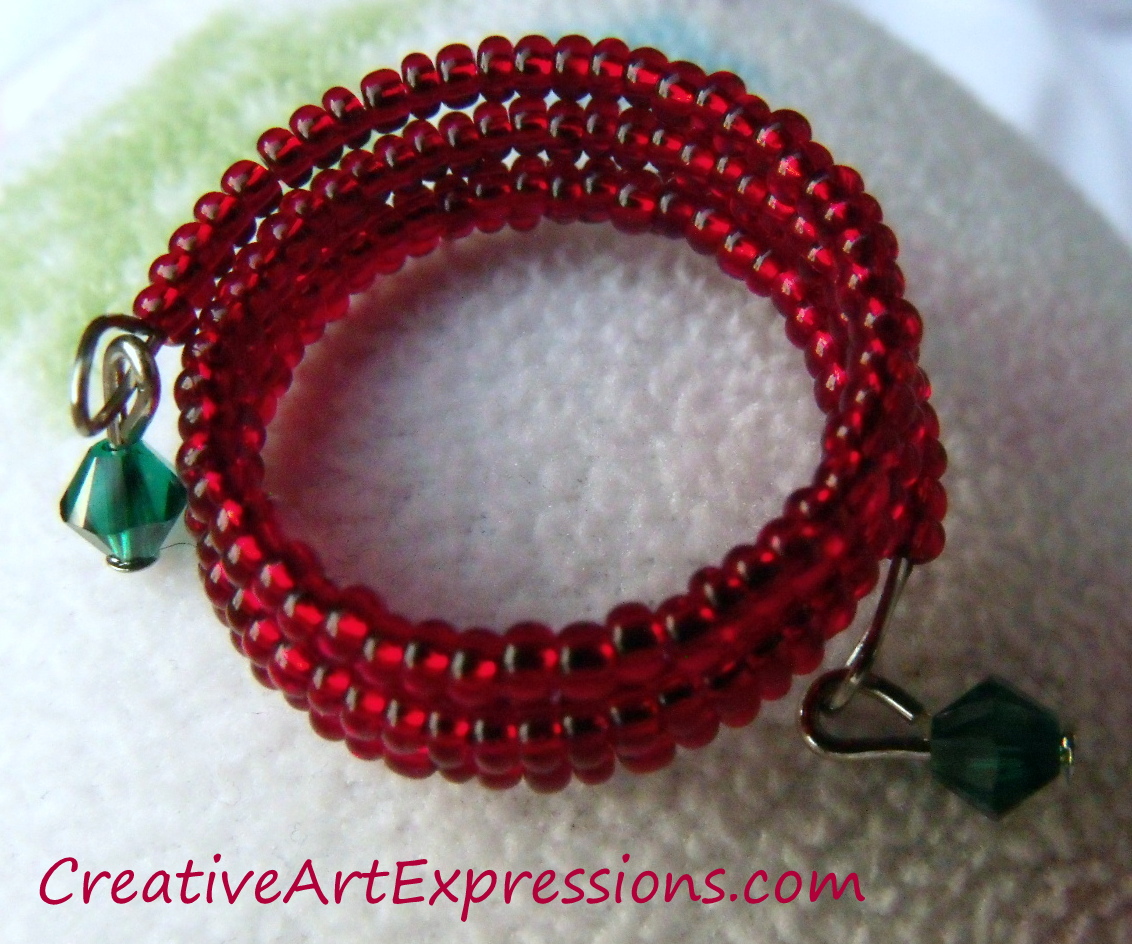 Creative Art Expressions Handmade Red & Green Memory Wire Ring Jewelry Design